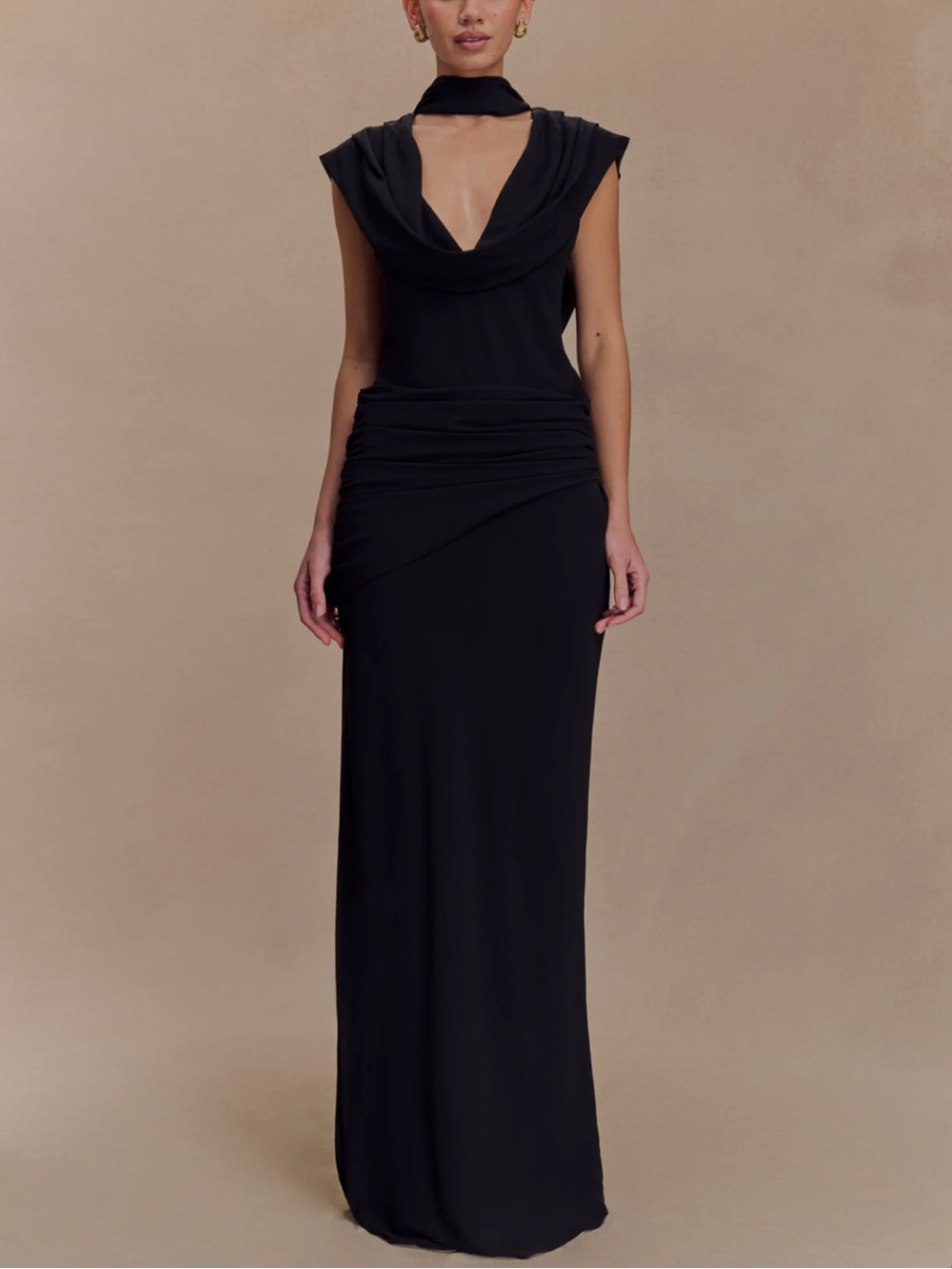 NWT MESKI Giulia Chiffon Draped Maxi Dress in Black